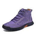 Men's purple high-top PU leather ankle boots with yellow stitching and non-slip sole - 38 / Purple