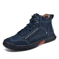 Men's navy blue PU leather high-top ankle boots with orange stitching and laces - 38 / Navy Blue
