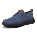 Breathable navy blue knit loafers with brown leather accents and durable rubber sole - EU 40 / Black Frame Light Blue Lens