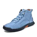 Men's light blue suede high-top ankle boots with white contrast stitching and durable soles - 38 / Light Blue