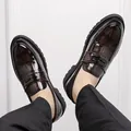 Men's dark brown gradient loafers with crocodile embossed leather and thick rubber soles - EU 38 / Brown