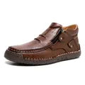 Mocasines de cuero marrón para hombre con cremallera y suela de goma duradera - 38 / Estilo Estándar (9930) / Café
