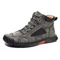 Men's high-top PU leather ankle boots in retro grey-green with handmade stitching details - 38 / Gray