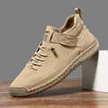 Men's khaki suede casual shoes with vintage stitching and velcro strap detail - 36 / Apricot (C9888)