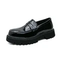 Polished black patent leather loafers for men with chunky lug sole and penny strap - EU 38 / Bright Black