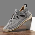 Grey suede leather casual mid-top shoes with hand-stitched details and velcro strap - 36 / Grey (C9888)