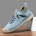 Men's blue suede casual shoes featuring handmade contrast stitching and rubber soles - 36 / Lake Blue