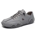 Men's low-top casual grey leather shoe with red animal logo and non-slip rubber sole - 36 / Gray (F8010)