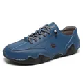 Men's dark blue leather casual shoes with grey laces and wave patterned rubber sole - 36 / Blue (F8010)