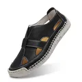 Men's casual black leather woven sandals with breathable mesh and rubber soles - 36 / Black