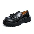 Men's black patent leather platform loafers with tassel details and thick lug sole - EU 38 / Black