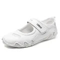 White leather casual loafers for women with hook and loop closure and wave-patterned sole - EU 38 / White
