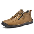 Brown leather men's casual mid-top boots with cross laces and metallic side zipper detail - EU 38 / Yellow