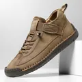 Chaussures décontractées en cuir marron cousues main pour hommes avec semelle caoutchouc - 36 / Khaki