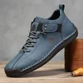 Men's casual blue nubuck leather shoes with hand-stitched details and rubber soles - 38 / Blue