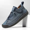 Chaussure décontractée en cuir bleu-gris cousue main avec semelle en caoutchouc durable - 36 / Bleu