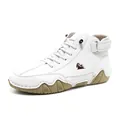White high-top casual leather boots for men featuring brown sheep logo and rubber sole - White