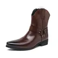 Brown distressed leather Martin boots with western buckles and rivet details - EU 38 / Brown