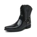 Men's black pointed toe leather boots with harness strap and metal ring hardware - EU 38 / Black