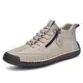Men's mid-top casual greige suede boots with dual lace-up and side zipper design - EU 38 / Beige