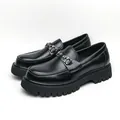 Men's chunky black leather loafers with platform lug sole and metal buckle detail - EU 38 / Matte Black