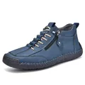 Men's blue high-top suede boots with side zipper and decorative white stitching detail - Blue