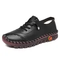 Women's black leather casual flat shoes with thick rubber soles and lace-up design - EU 38 / Black