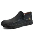 Men's black casual leather boots with side zipper and contrast hand-stitched detailing - EU 38 / Black