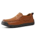 Brown leather slip-on loafers for men with decorative hand-stitching and rubber sole - EU 38 / Yellow Brown