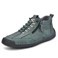 Men's high-top leather boots in dark teal with side zipper and rustic hand-stitching - Dark Green