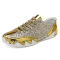 Sparkly gold sequin low-top casual shoes with metallic leather trim and white wavy rubber soles - 35 / Gold