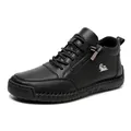 Men's high-top black leather shoes with side zipper and durable rubber sole - EU 35 / Black