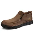 Dark brown suede men's martin boots featuring contrast stitching and side zipper detail - EU 38 / Khaki