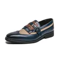 Navy blue men's loafers with khaki suede panel, brogue detailing and decorative tassels - EU 38 / Blue