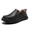 Men's handmade stitched leather loafers with non-slip thick rubber sole in black finish - EU 38 / Black