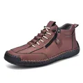 Brown men's mid-top leather boots with side zipper and lace-up closure detail - Burgundy