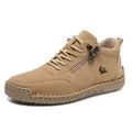 Men's khaki suede casual boots with hand-stitched rubber soles and side metal zipper - EU 35 / Khaki