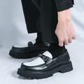 Men's platform loafers in black and white leather with a stylish gunmetal chain buckle - EU 38 / Black and White Patchwork
