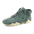 Men high-top casual boots in retro slate grey with rugged wavy sole and ankle strap - 36 / Green