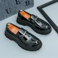 Men's black patent leather platform loafer with gunmetal buckle and chunky sole - EU 38 / Glossy Black