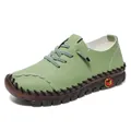 Handmade casual green flat shoes for women with soft rubber sole and stitch detail - Green