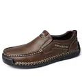 Men's brown leather slip-on loafers with decorative white stitching and rubber sole - EU 38 / Khaki