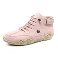 Pink leather high-top boots with decorative buckle and durable non-slip rubber sole - Pink
