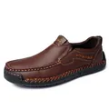 Men's dark brown leather slip-on loafers with decorative contrast stitching and rubber sole - EU 38 / Red Brown