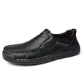 Men's black leather loafers with white hand-stitched details and slip-on design - EU 38 / Black