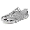 Silver sequin low-top sneakers with metallic patchwork and thick wavy non-slip white soles - 35 / Silver