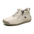 Handgenähte beige High-Top-Lederschuhe für Damen mit Reißverschluss und Gummisohle - Beige