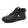 High-top black leather boots with lychee texture and goat logo detail for men - Black