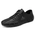 Men's black litchi leather casual shoes with lace-up design and non-slip sole - Black