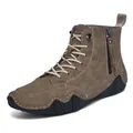 Men's high-top casual boots in brown nubuck leather with side zipper and wave sole - 38 / Khaki (FC2508)